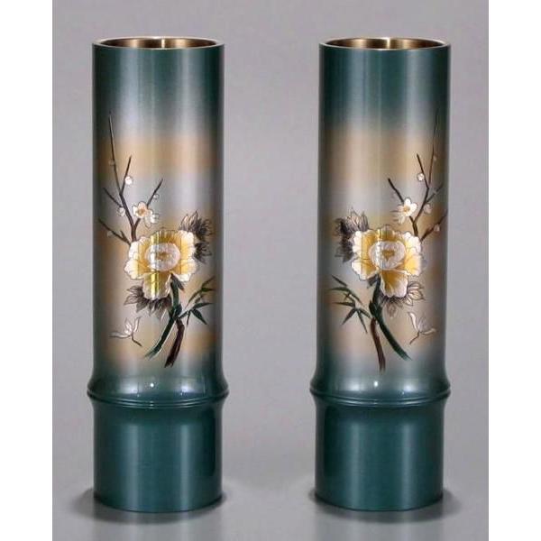 花瓶 花立 仏壇用 仏間用 合金 青銅 細竹型 牡丹四君子 青磁色 7.5号