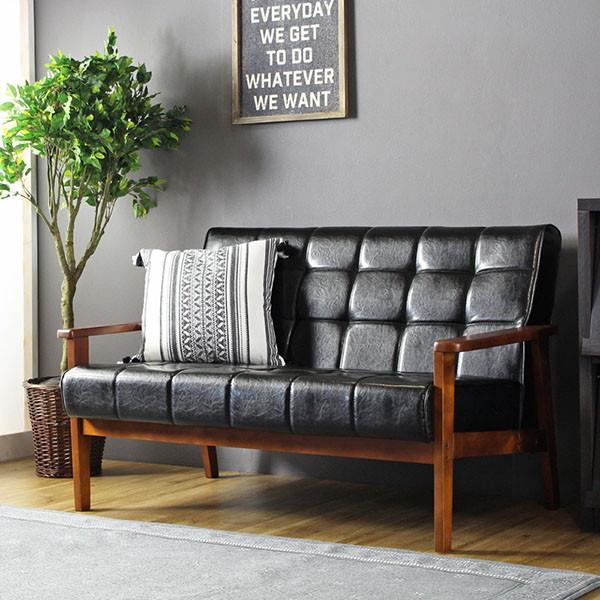 岩附 ソファー 2人掛け おしゃれ ソファ 二人用 合皮 黒 レザーソファ