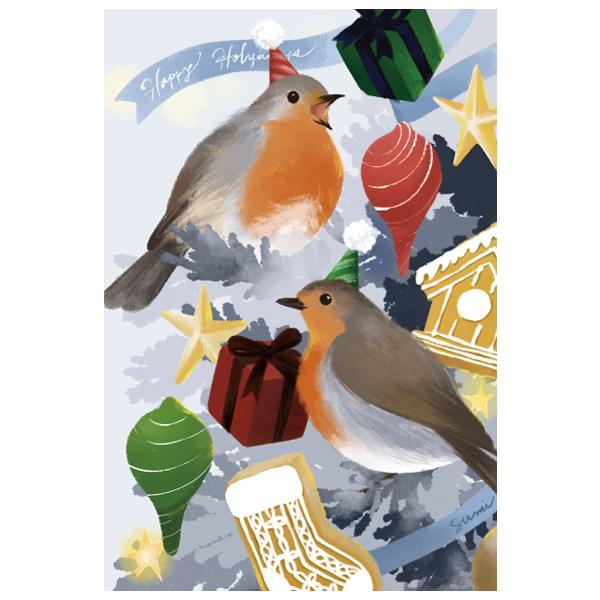 冬柄 ポストカード コマドリたちのクリスマス / かみとすみ 野鳥