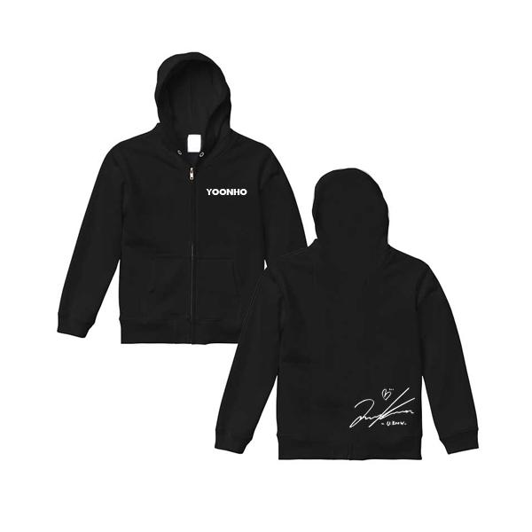 ユノ ユンホ 東方神起 ブラック ネームロゴ 前あきフード付きパーカー