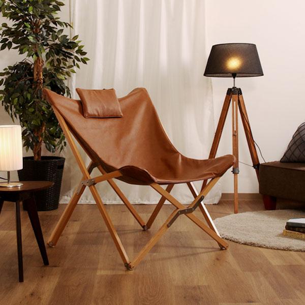 ラウンジチェア バタフライチェア ブラウン 折りたたみ まくら付き