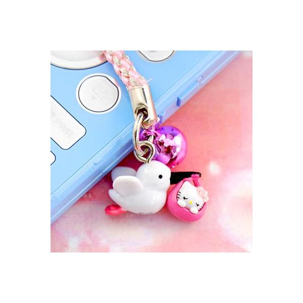 □ ハローキティ こうのとりキティ 根付けストラップ ピンク(黒