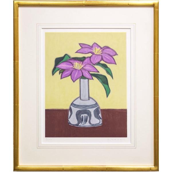 笠井誠一 「 てっせん 」 リトグラフ 版画 絵画 花 鉄線 縦 紫の花