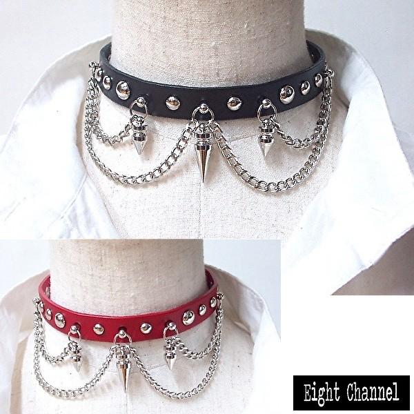 チョーカー 黒 スタッズ とんがり 赤 本革 ロック パンク シルバー