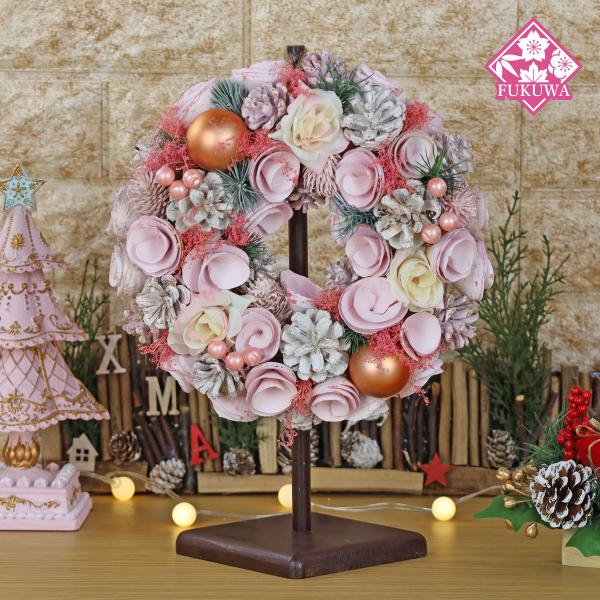 クリスマスリース 飾り (Pink Ball Whitepine Wreath S 24センチ