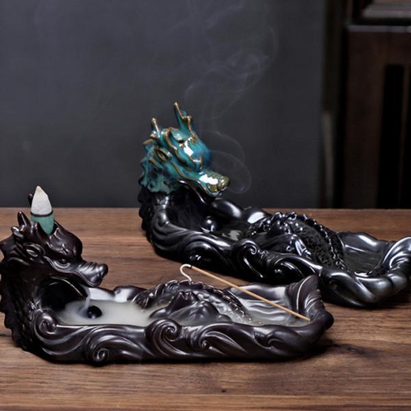 龍香炉 倒流香 龍 幻想的 煙 香炉 お香立て 置物 陶器 お香 風水