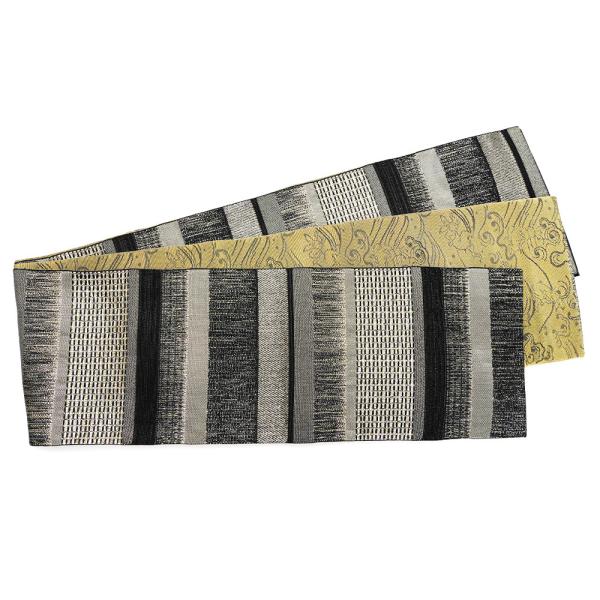 半幅帯 縦縞 鳥獣戯画 黒 金 からし 兎 波文様 ラメ ジャガード織 長尺