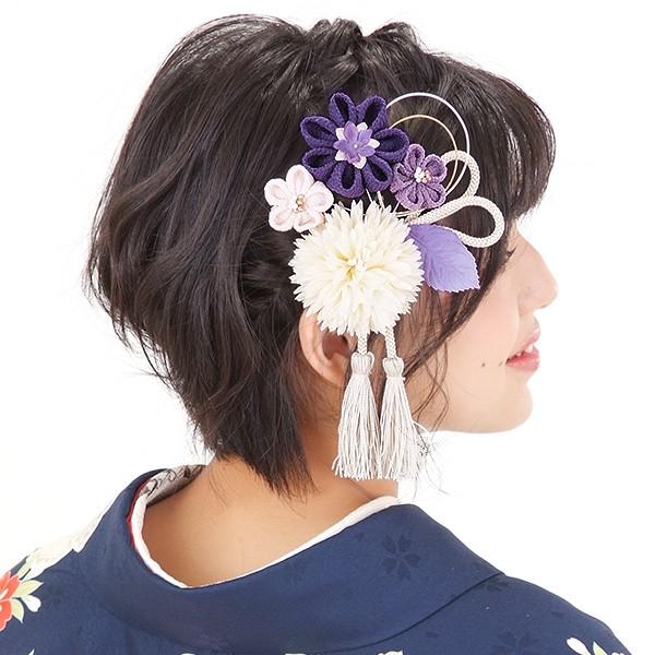 成人式 髪飾り 振袖 2点セット「青紫色 お花とつまみ細工 お花 房飾り