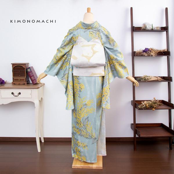 KIMONOMACHI 二尺袖着物 単品 「ミモザに立涌 錆青磁色」 KIMONOMACHI