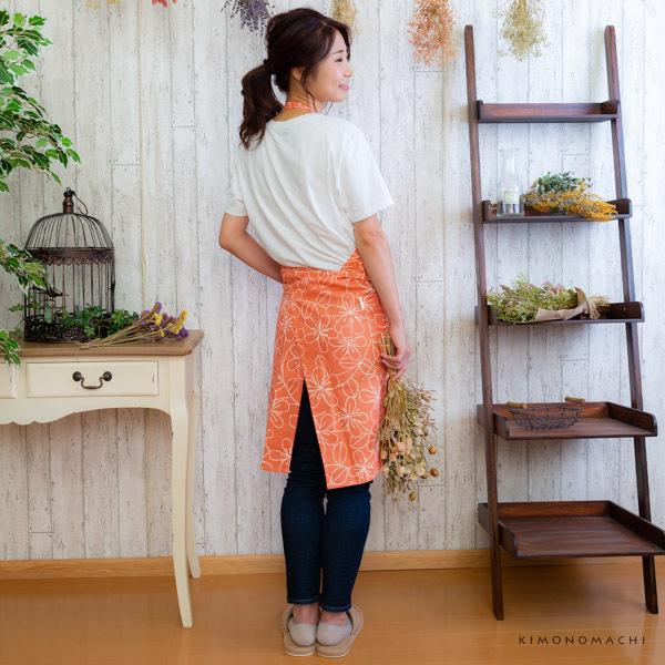 KIMONOMACHI エプロン 「オレンジピンクお花」 日本製 オシャレ