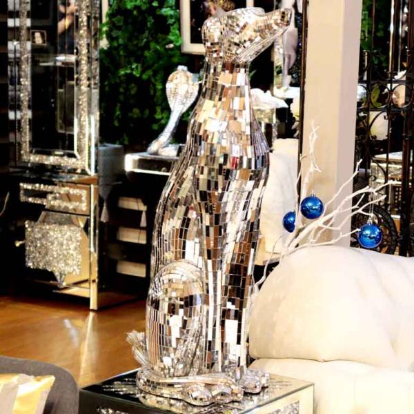 犬の置物 オブジェ グレーハウンド 鏡張り 風水 縁起物 オーナメント