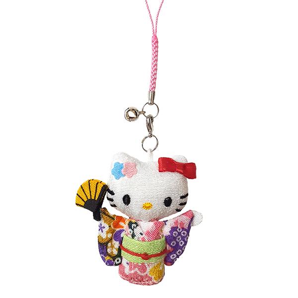 ハローキティ はろうきてぃ日本人形 ちりめん根付け ピンク（扇子