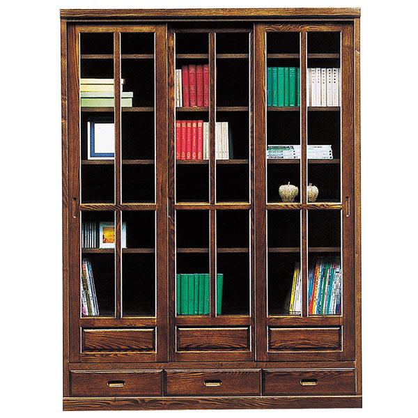 本棚 書棚 ガラス扉付き 完成品 引き戸 和風モダン 幅135cm 大容量 開