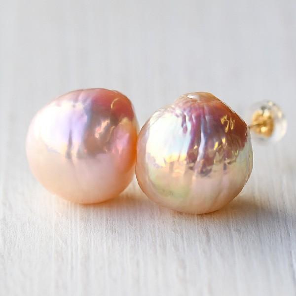 11mm シャンパンカラー バロック 淡水真珠 ピアス/イヤリング K18 K14