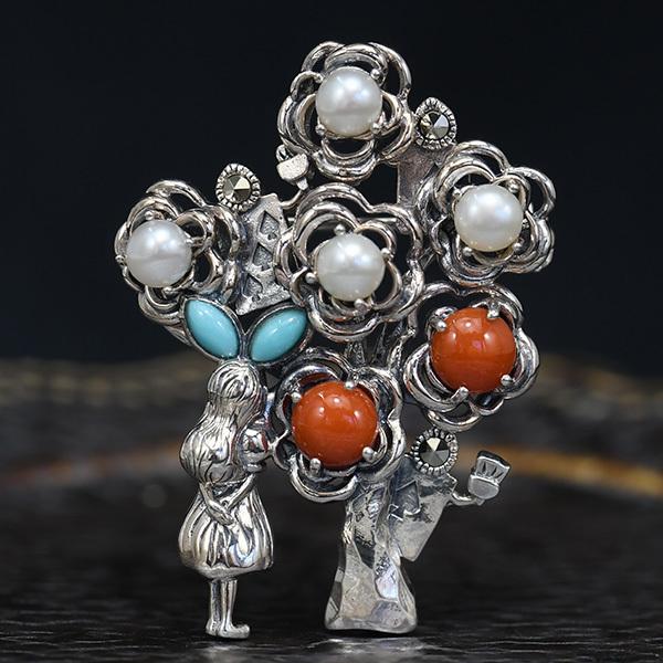 碌山 不思議の国のアリス 薔薇 ブローチペンダント 珊瑚 ターコイズ