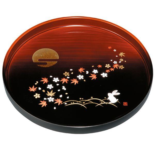 みよし漆器本舗 紀州塗り 尺寸 丸盆 杢塗分け 春秋月うさぎ お盆