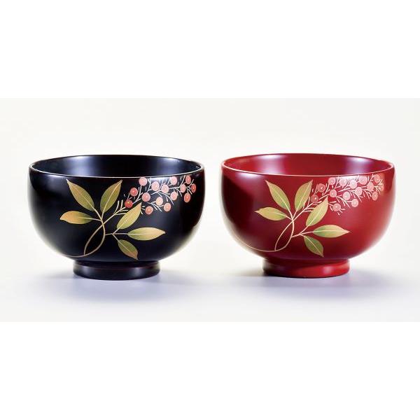 ペア椀 和食器 夫婦椀 木製 会津漆器 3.8 南天 布袋型 黒 朱 漆塗り