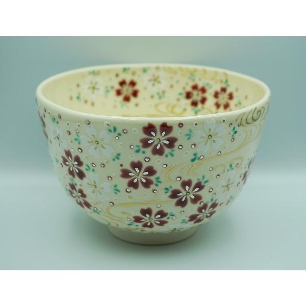 茶道具 茶碗 茶碗 色絵 流水に桜 福本未来 桐箱 : 新古茶道具 さかい