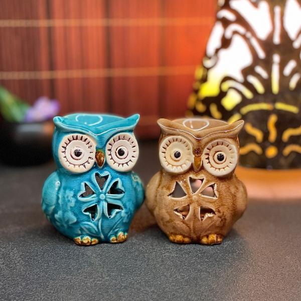 香炉 フクロウ ミミズク ミニ E18040-18041 高さ9cm 青 茶色 福郎 不