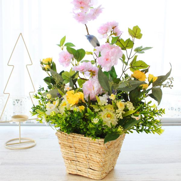 造花 八重桜に小鳥が遊ぶ自然のイメージのアレンジ CT触媒 シルク