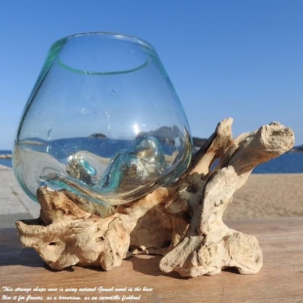 吹きガラスと天然木のオブジェ W11 金魚鉢 メダカ水槽 花瓶 流木ガラス