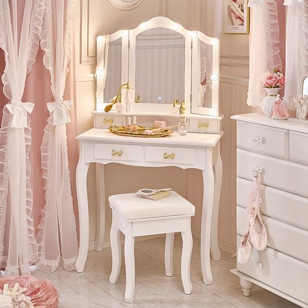 ドレッサー 三面鏡 白 化粧台 鏡台 収納 椅子セット | リボン取っ手の