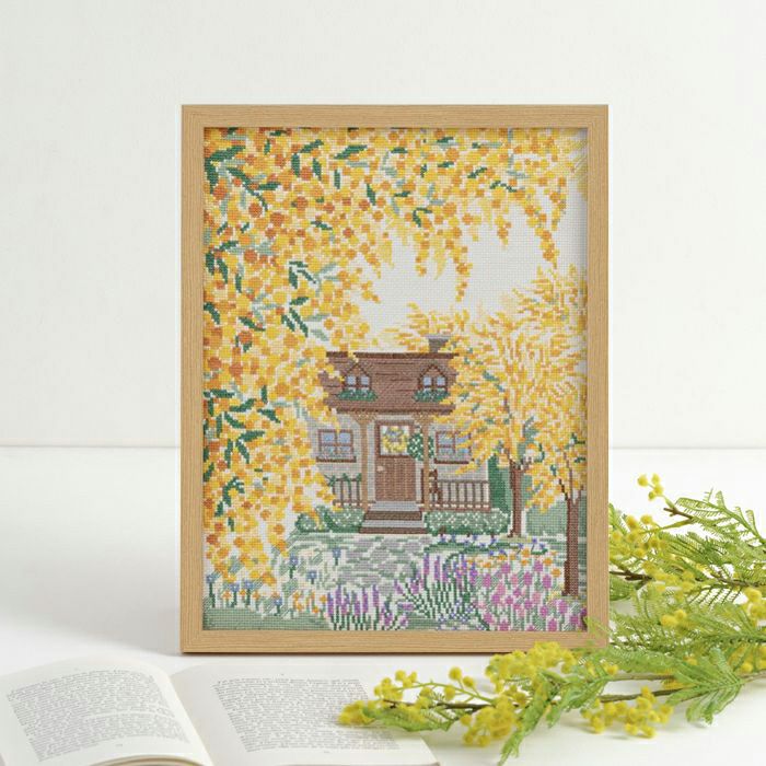 クロスステッチフレーム＜ミモザのリース＞ | リバティ 生地、編み物