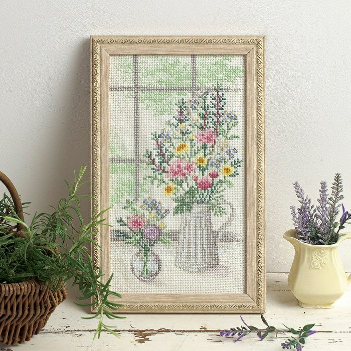 クロスステッチ完成品“フラワー花瓶　みどり”額入り 10281] オリムパスクロスステッチキット ART GALLERY ミニフレーム