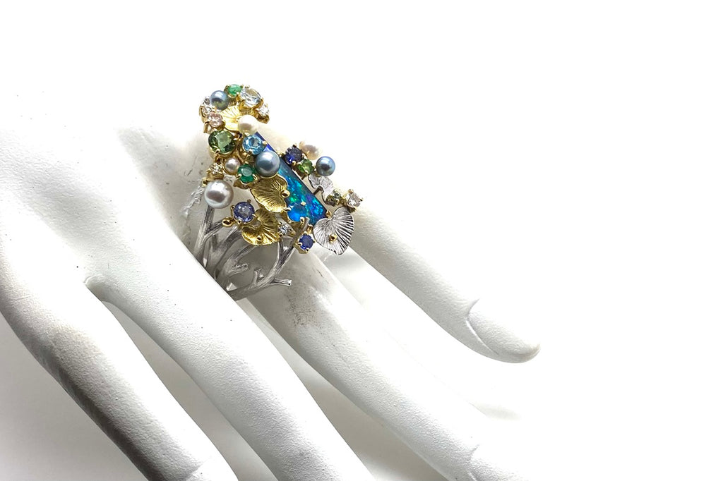 福原佐智】K18WG/YGボルダーオパール パール ダイヤ トルマリンリング