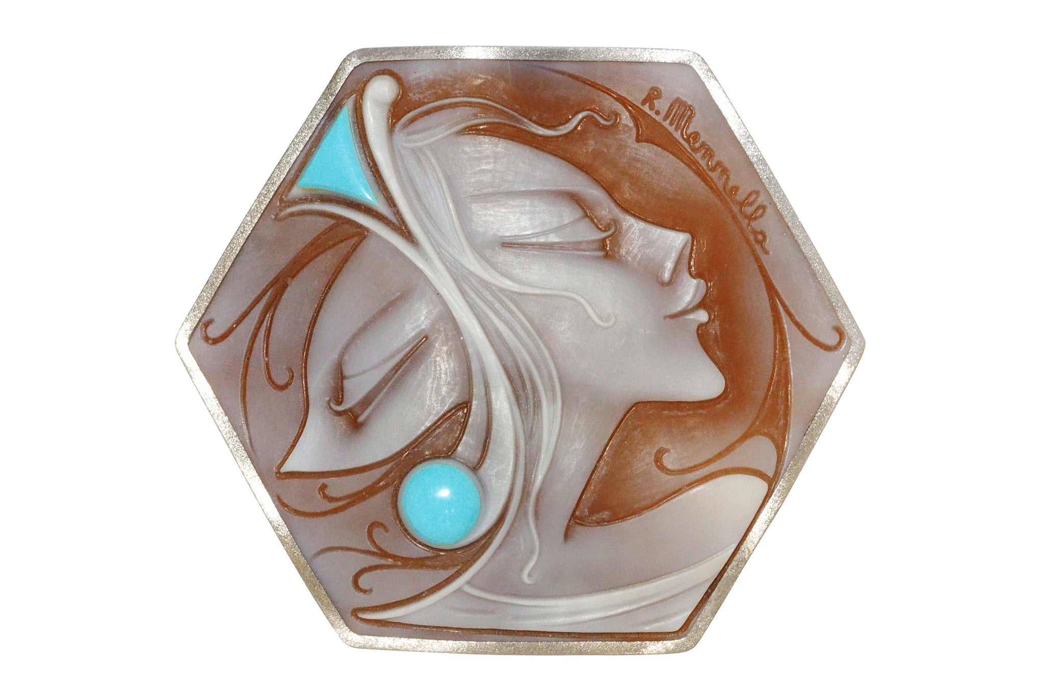 Shell K18WGシェルカメオ トルコ石ペントップ兼ブローチ (NO.47094