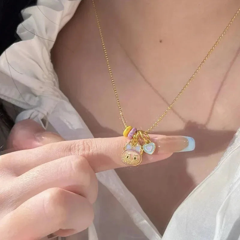 Labubu Epoxy Colored Enamel Love Lock 925 Sterling Silver Necklace