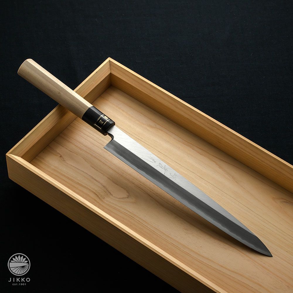 ステン本焼V金10号先丸柳刃包丁30cm黒水牛黒檀八角柄 V金10号本焼先丸