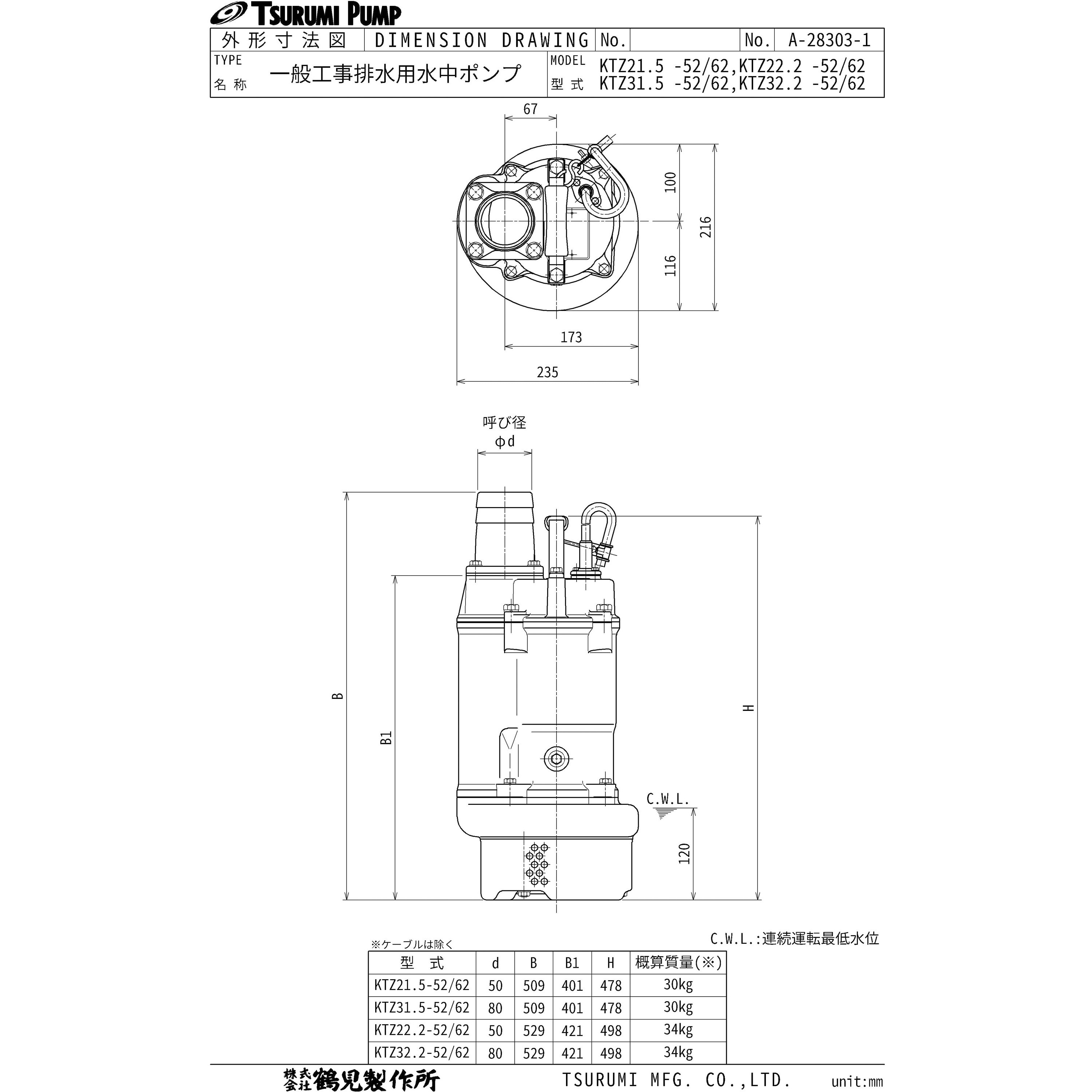 KTZ32.2 一般工事排水用水中ポンプ KTZ型 鶴見製作所 オープン 三相