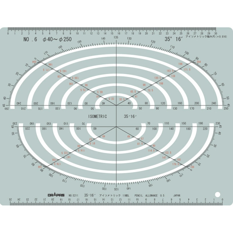 31-E211 楕円定規(アイソメトリック用)No.6 楕円テンプレート 1枚