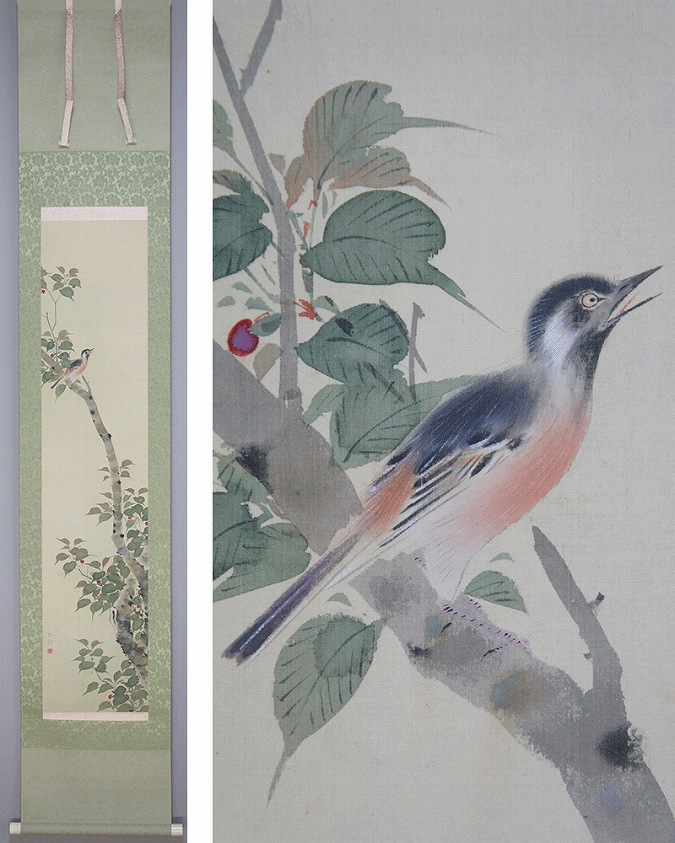 圭舟筆紙本【芍薬に小禽図】彩色画掛け軸一幅未鑑定品NO187