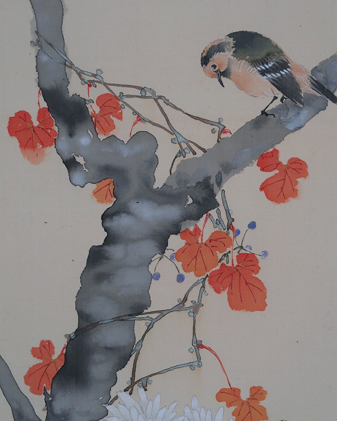 山瀬春嶺 深秋菊小禽図 | 掛軸(掛け軸)販売／表装ご依頼は掛軸いっぷく