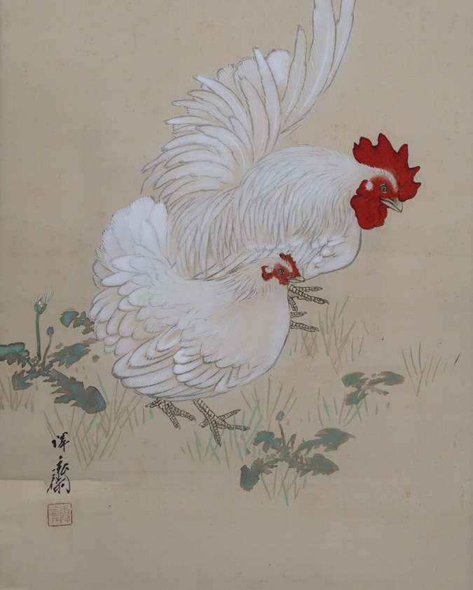 徳田隣斎 桜下倭鶏 | 掛軸(掛け軸)販売／表装ご依頼は掛軸いっぷく掛軸
