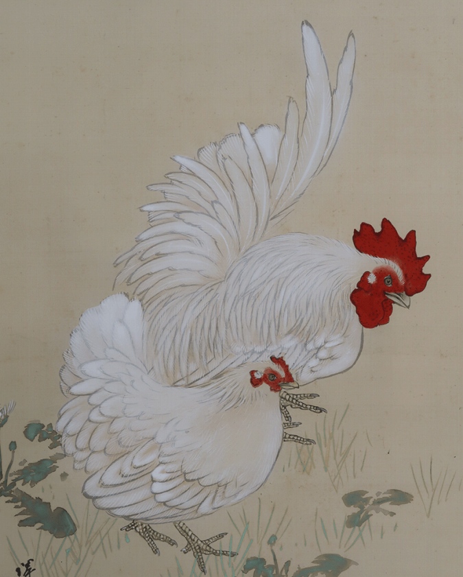 徳田隣斎 桜下倭鶏 | 掛軸(掛け軸)販売／表装ご依頼は掛軸いっぷく掛軸