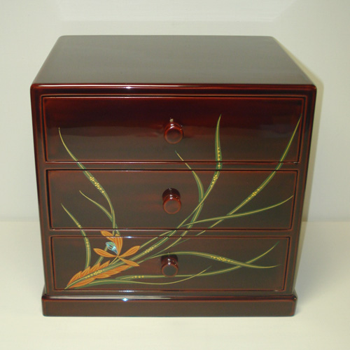 輪島塗 小箪笥 三段 -蘭の蒔絵仕上げ- [内外面ともタメ色] 螺鈿(ラデン