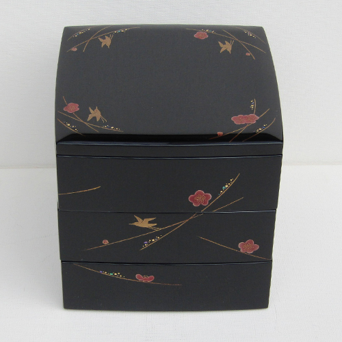 輪島塗 重箱 角形 三段 胴張り -梅に鶯の蒔絵仕上げ-[内面朱色/外面