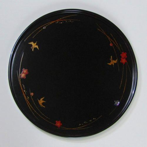 輪島塗 丸盆 (中) -梅に鶯の蒔絵仕上げ- [内面黒タメ色/外面黒色