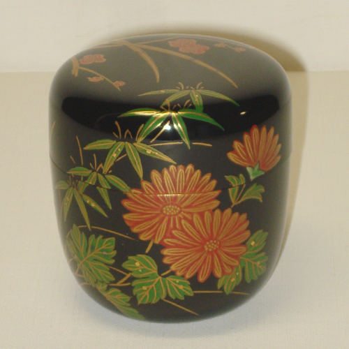 輪島塗 小棗 利休形 -四君子の高蒔絵仕上げ- [内外とも黒色] 螺鈿