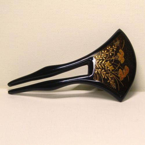 輪島塗 バチ型かんざし -秋草の蒔絵仕上げ- [黒色] 梨地、螺鈿(ラデン