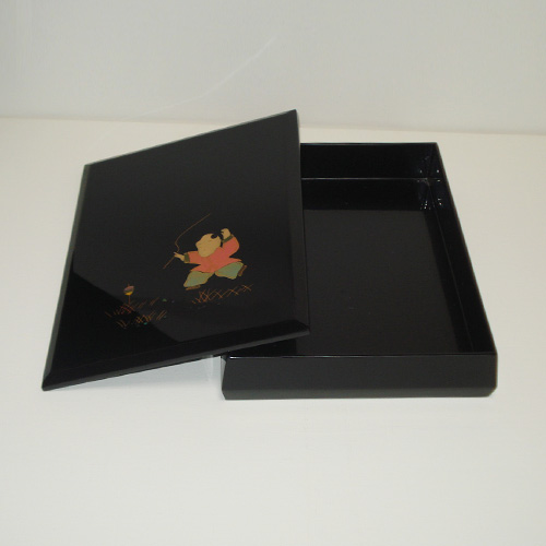 輪島塗 文箱(文庫) -童と独楽の蒔絵仕上げ- [内外面とも黒色] 螺鈿