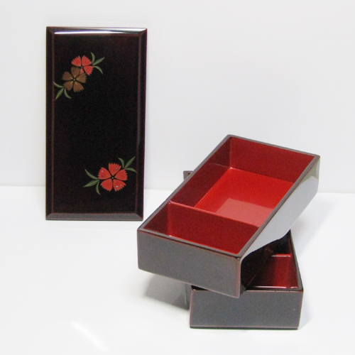 輪島塗 弁当箱 (2段) -撫子の蒔絵仕上げ- [内面朱色/外面黒タメ色