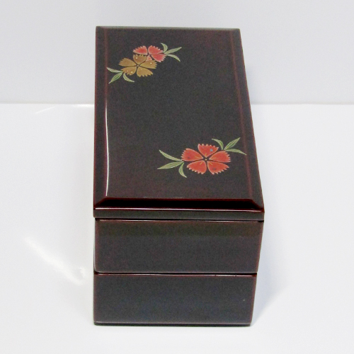 輪島塗 弁当箱 (2段) -撫子の蒔絵仕上げ- [内面朱色/外面黒タメ色