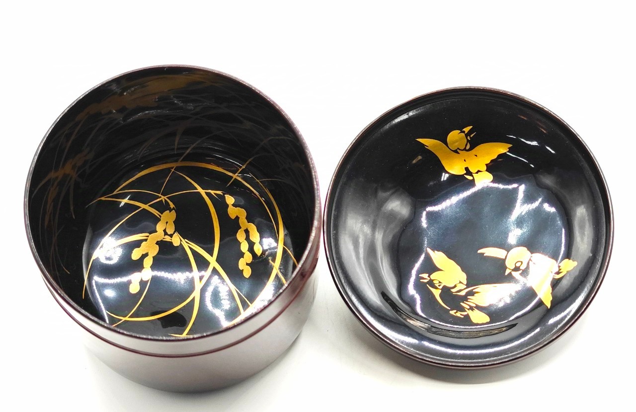 岡田表寛作 竹節溜塗内黒稲雀蒔絵吸物椀 10客 - kaji's antiques 梶 古美術