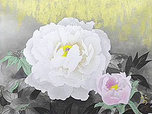 松尾敏男「牡丹晨光」木版画35×45.5cm