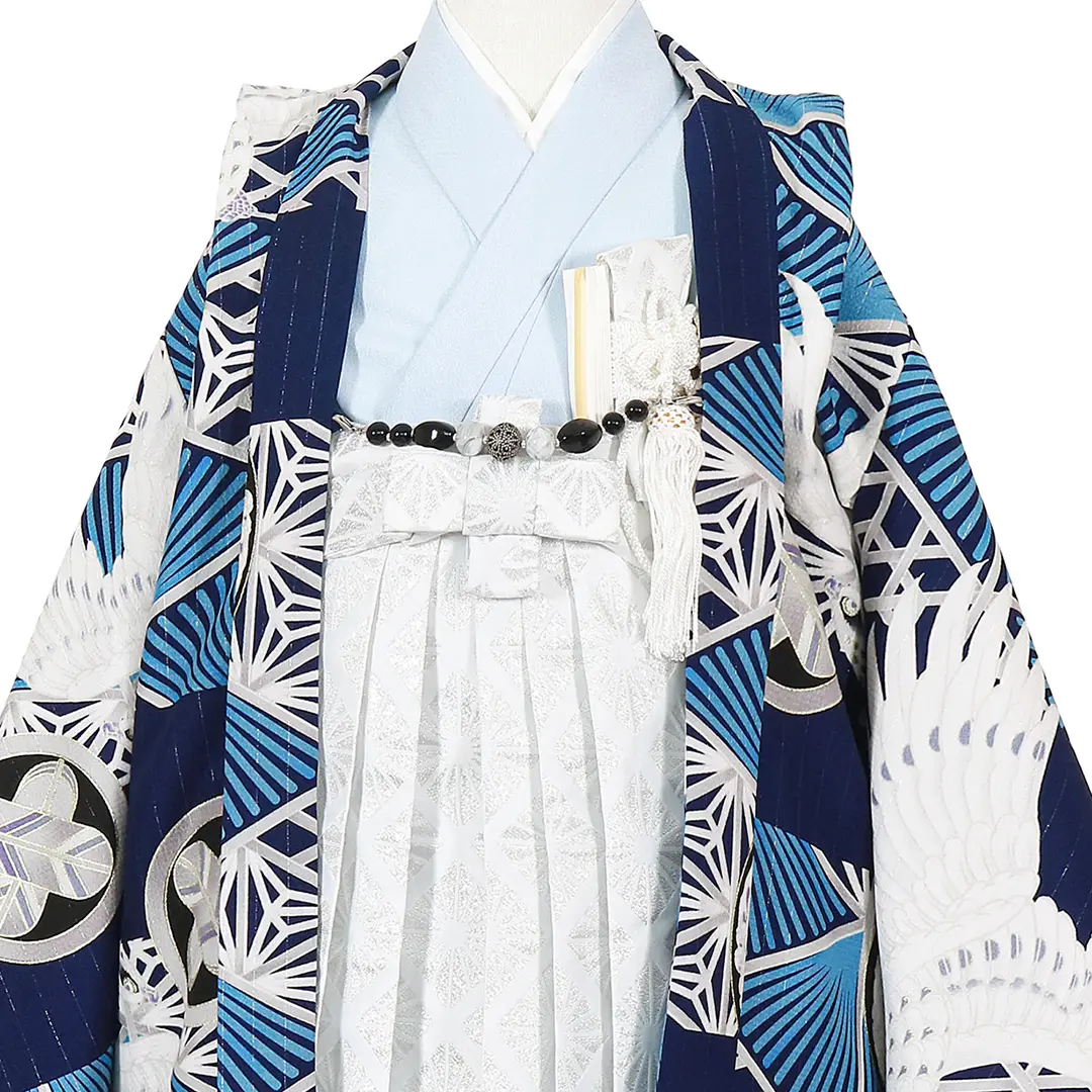 JAPAN STYLE》鷹に組子模様（青）、白の袴／七五三・三歳男の子・袴