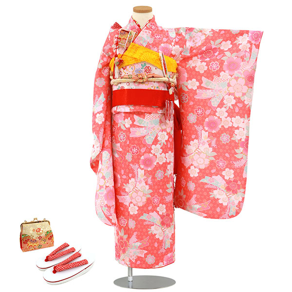 赤橙にピンクの桜と束ね熨斗の着物／七五三・七歳女の子 | 宅配着物